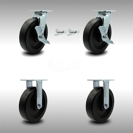 8 Inch Stainless Steel Polyolefin Caster Set With 2 Brakes/Swivel Lock 2 Rigid
